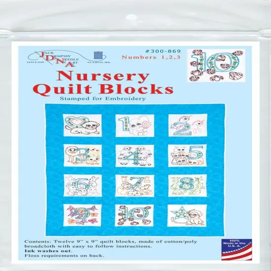 Jack Dempsey Stamped White Nursery Quilt Blocks 9"X9" 12/Pkg-Numbers 1,2,3 {1}