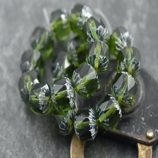 *10* 10mm Silver Picasso Washed Dark Tourmaline Center Cut Cruller Beads {3}