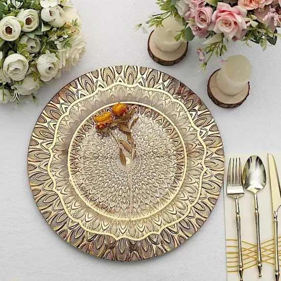 GOLD 6 Plastic 13" Round CHARGER PLATES Embossed Peacock Pattern {2}