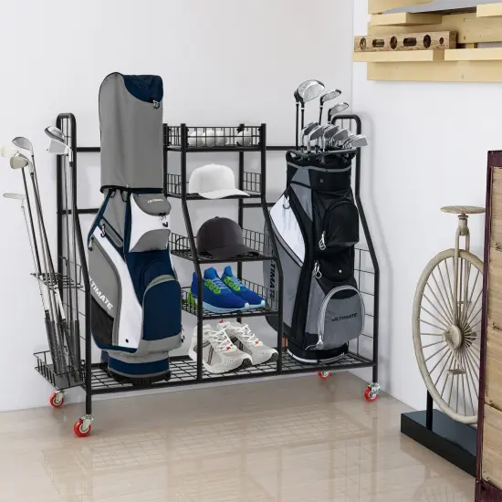 Double Golf Bag Rack with Removable Golf Club Stand and Wheels-Black {2}