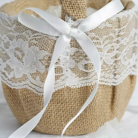 Natural Burlap with Satin Ribbon Lace Flower Girl Basket {2}