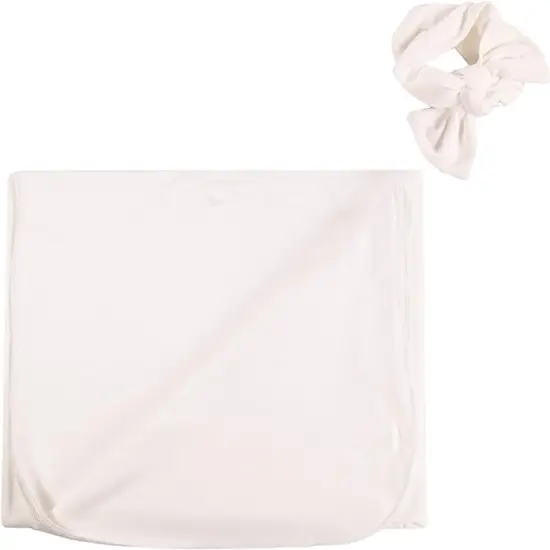 FabricLA Baby's Coming Home Swaddle Wrap | Blanket and Headband - 2 Pieces Set Ivory {5}