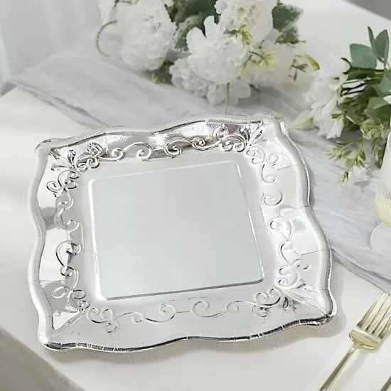 25 SILVER 11" Square Paper Dessert Dinner PLATES Scroll Design {3}