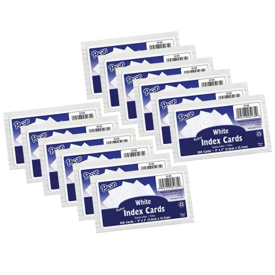 Index Cards, White, Ruled, 1/4" Ruled 3" x 5", 100 Per Pack, 12 Packs {1}