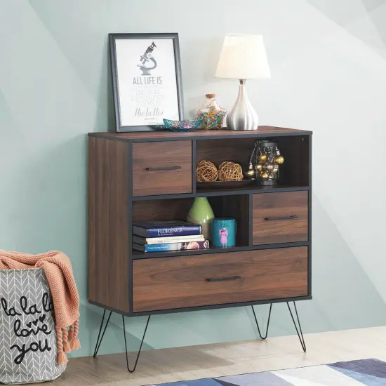 3-Tier Wood Storage Cabinet with Drawers and 4 Metal Legs {2}