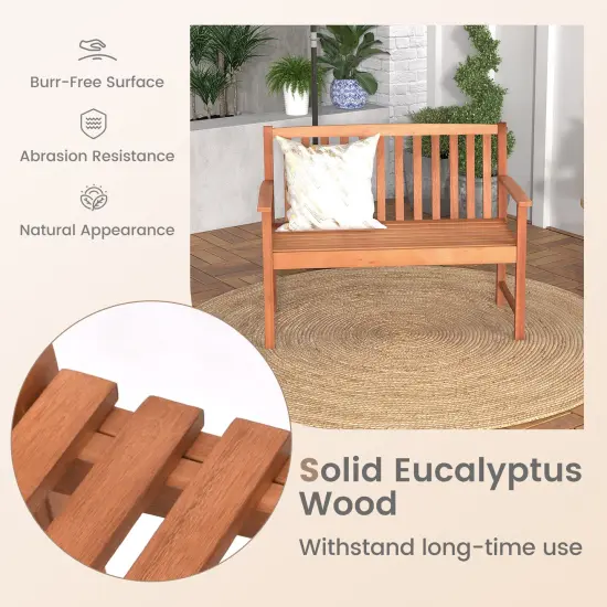 2-seat Patio Wood Bench with Cozy Armrests and Slatted Backrest {6}