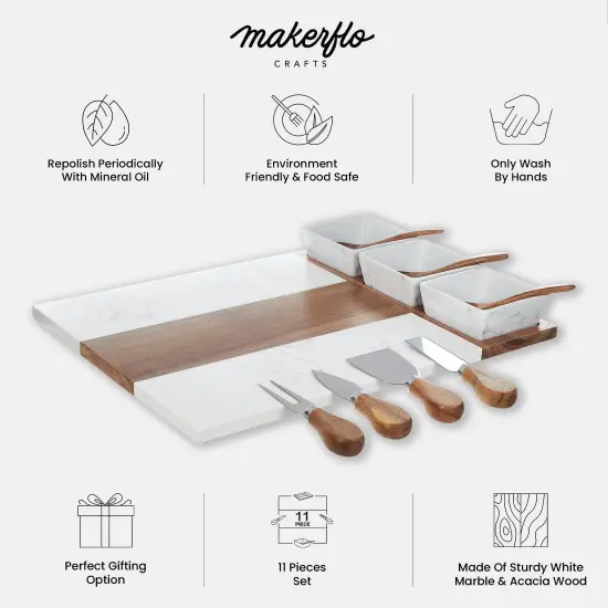 Makerflo Charcuterie Cheese Board Set 16.25" x 12" Acacia Wood Marble Design 3 Bowls, 3 Spoons, 4 Utensils for Craft & DIY Personalization - Laser Engraving, Epoxy, UV DTF, Vinyl Individually Wrapped {6}