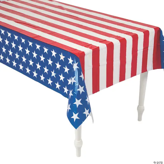 54" x 108" Patriotic Flag Print Plastic Tablecloth {1}