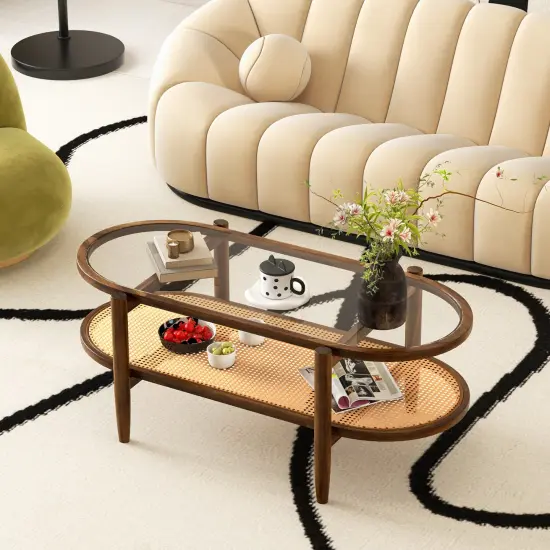 2-tier Coffee Table With Tempered Glass Tabletop And Acacia Wood Frame {2}