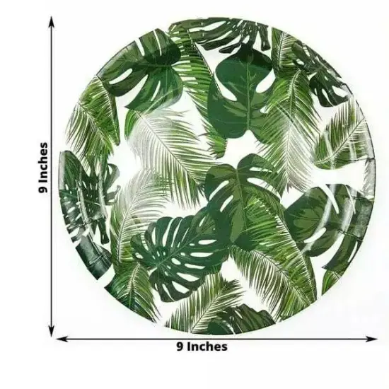 25 WHITE 9" Round Paper Plates with TROPICAL Leaves Design {6}