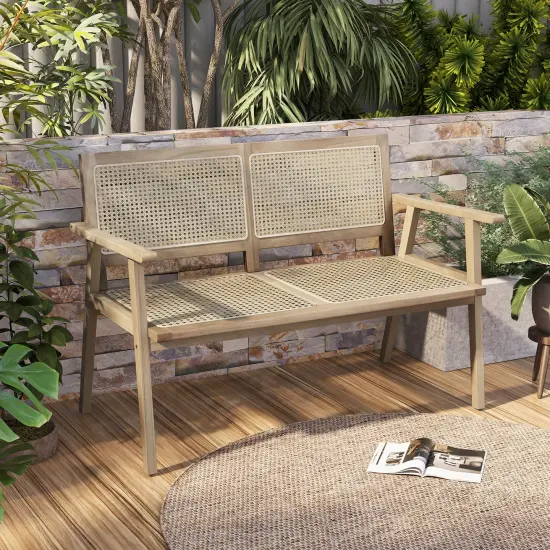 Indonesia Teak Wood Garden Bench With Armrests And Natural Rattan Backrest {2}