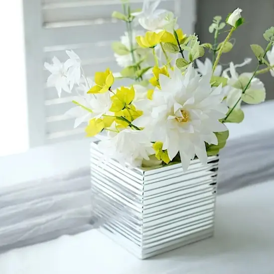 SILVER 2 Square 5" Metallic Ceramic Cube Planter Boxes Flower PLANT POTS {2}