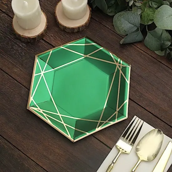 25 Hunter Green 7" Hexagon Paper Salad Dinner Plates Gold Trim {2}