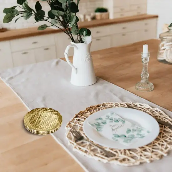 American Atelier Glass Coasters, Set of 4, Round, Check Pattern, Gold, 4.52" {4}