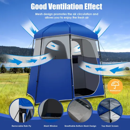Double-Room Camping Toilet Tent with Floor and Portable Storage Bag-Blue {5}