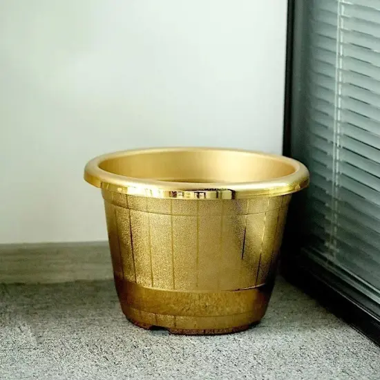 GOLD 10" PLASTIC FLOWER PLANT POT Metallic Barrel Design {1}