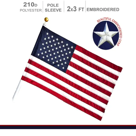 American Flag 210D Embroidered Polyester 2x3 Ft - with Pole Sleeve {1}