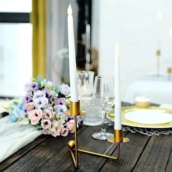 2 GOLD 2 arm Geometric Candelabra CANDLE HOLDERS V-Shaped Base {3}