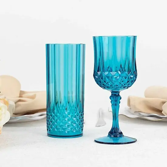 OCEAN BLUE 6 Plastic 8 oz Crystal Cut Goblets WINE GLASSES {5}