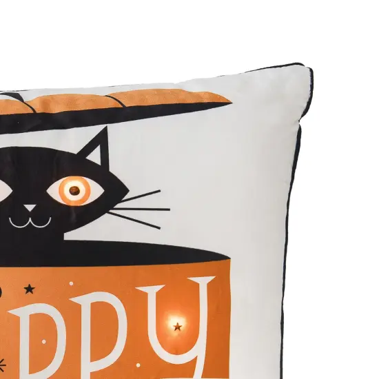Black Cat in Pumpkin "Happy Halloween" LED Accent Throw Pillow 18" x 18" {3}