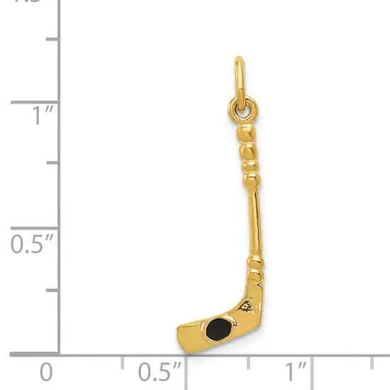 14K Yellow Gold 3D Hockey Stick & Enamel Puck Charm Jewerly 29mm x 9mm {2}