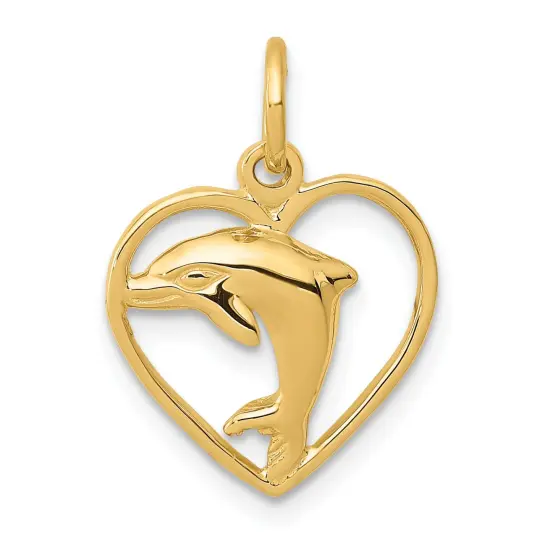 14K Yellow Gold Jumping Dolphin Heart Charm Pendant Jewerly 19mm x 14mm {1}