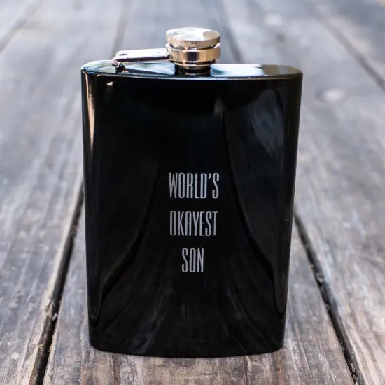 8oz BLACK World's Okayest Son Flask {2}