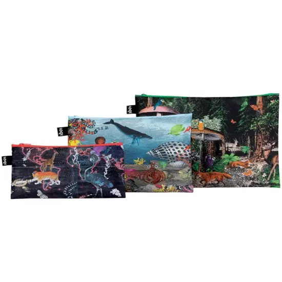 LOQI Artist Kristjana S Williams Interiors Zip Pockets, Set of 3, World Map {1}