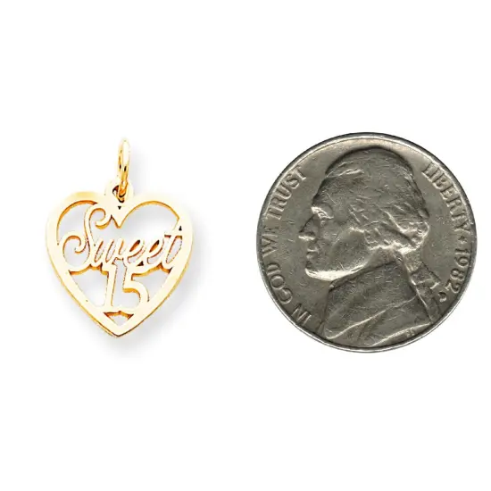 10K Yellow Gold Sweet 15 in Heart Charm Birthday Jewerly 20mm x 16mm {2}