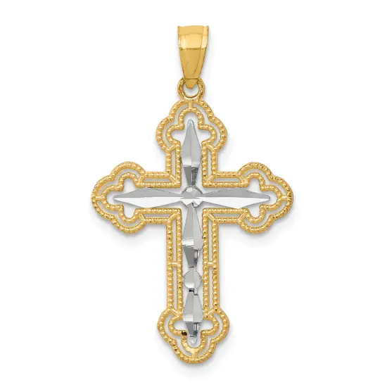10K Gold & Rhodium Plated Diamond Cut Cross Pendant Charm Jewelry 30 x 21 mm {1}
