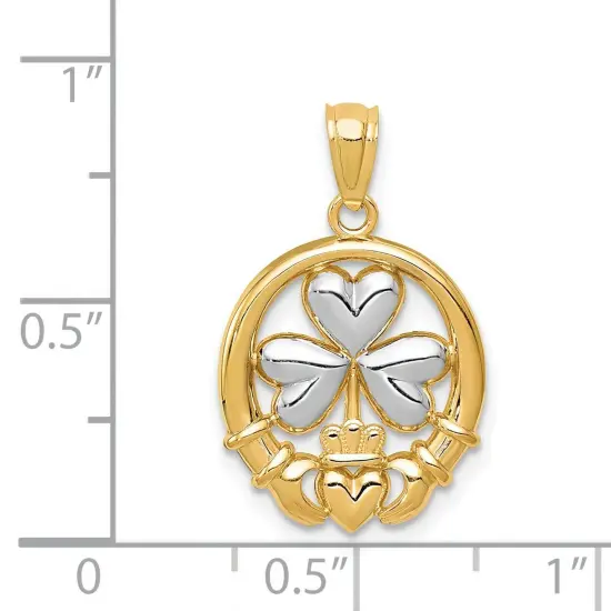 14K Two Tone Gold Claddagh & Shamrock Charm Pendant Jewerly 24mm x 15.5mm {3}