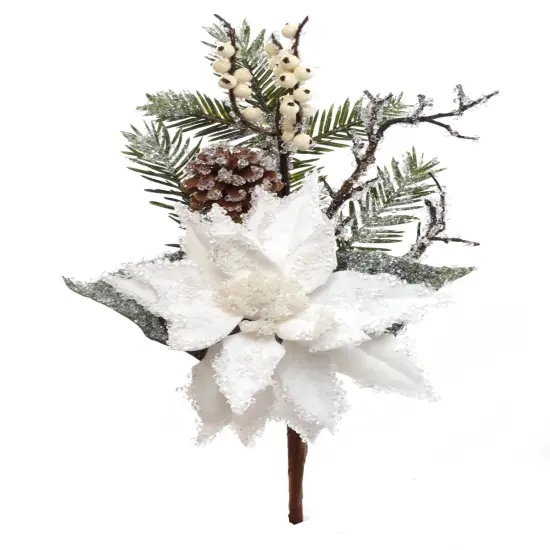 Set of 12: Iced White Poinsettia Pine Pick with Lifelike Twigs, Berries, & Pine Cones | 16" Long | Winter Accents | Seasonal Decor | Decorative Picks | Home & Office Decor {1}