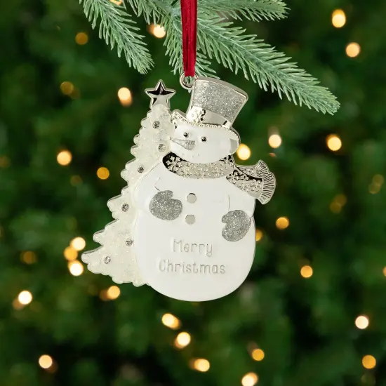 Northlight 3.5" White Silver-Plated Snowman Merry Christmas Ornament with European Crystals {3}