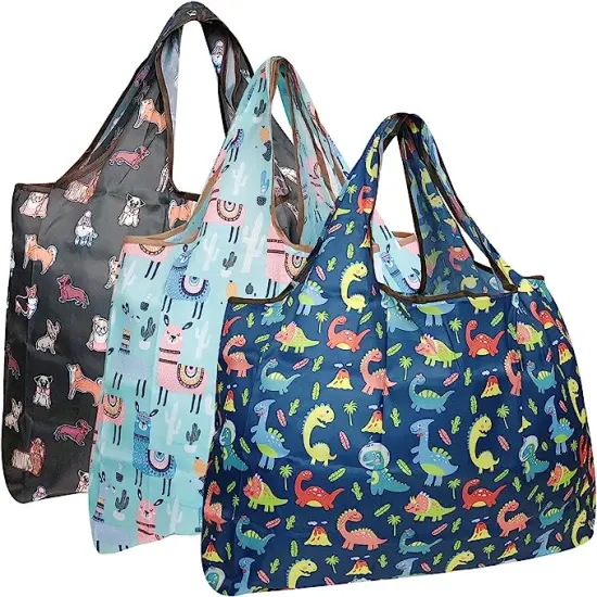 Wrapables Large Foldable Tote Nylon Reusable Grocery Bag, 3 Pack Charming Animals {1}
