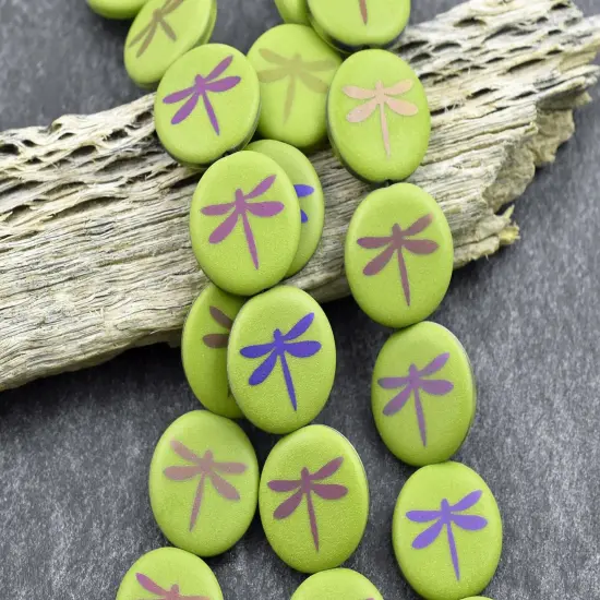 *8* 16mm Matte Satin Olive Green Metallic Iris Dragonfly Coin Beads {1}