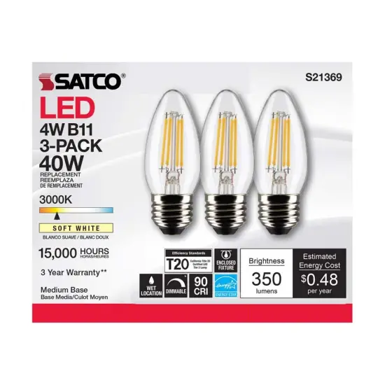 3Pk - Satco 4w B11 LED 3000K Medium Base Dimmable - 40w equiv Warm White {4}