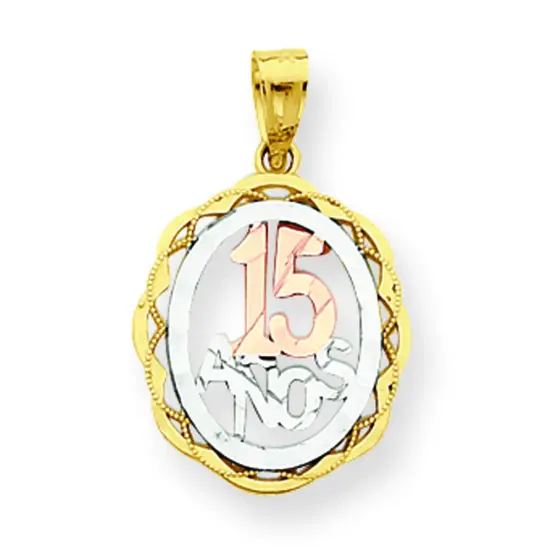 10K Gold Two Tone Sweet 15 Oval Pendant Charm Anos Jewelry 20mm x 16mm {1}