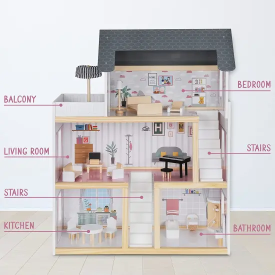Lil Jumbl Kids 3-Floor Wooden Dollhouse with 2 Staircases and 17-Piece {2}