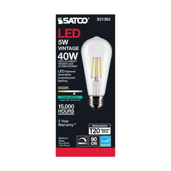 6Pk - Satco 5w ST19 LED 4000K Medium Base Dimmable - 40w equiv Cool White {5}