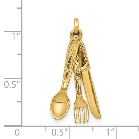14K Yellow Gold 3D Knife Fork & Spoon Charm Silverware Jewerly 29mm x 15mm {2}