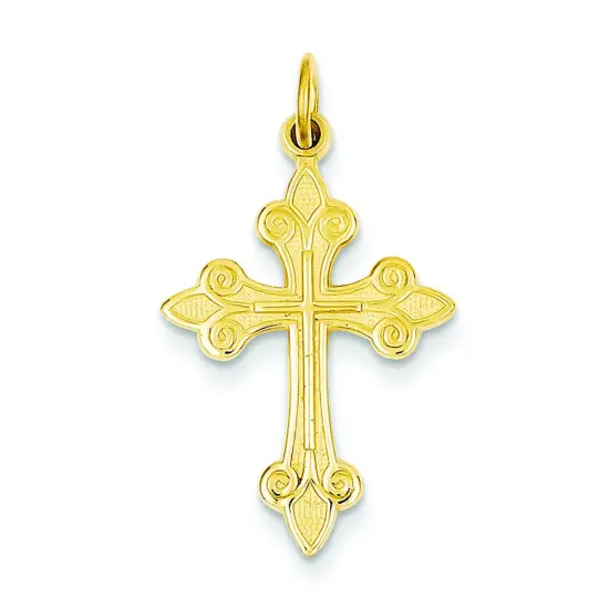 14K Yellow Gold Fleur De Lis Cross Pendant Charm Jewerly 30mm x 16mm {1}
