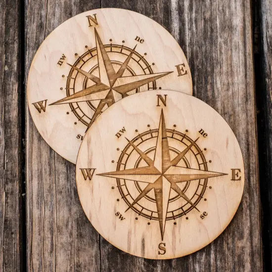 Compass Rose Coaster Set of two 4x4in Raw Wood {1}