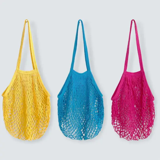 Wrapables Cotton Mesh Net Shopping Bag, Grocery Bag for Vegetables, Produce (Set of 3) Yellow Blue Hot Pink {1}