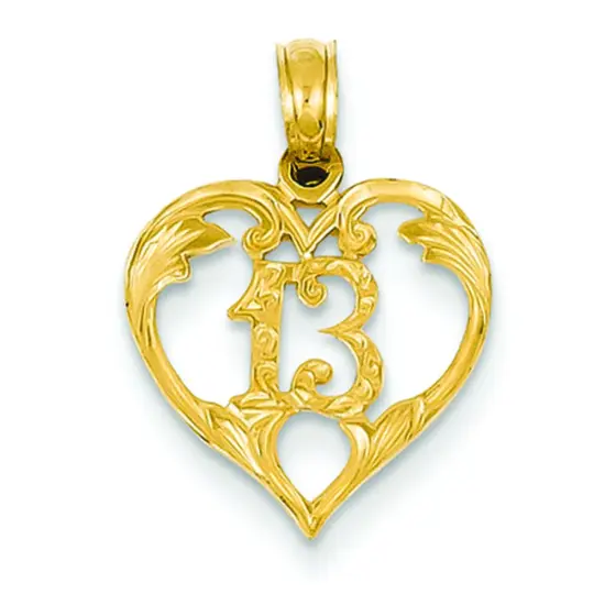 14K Gold 13 in Heart Charm Birthday Sports Pendant Jewerly 19mm x 13mm {1}