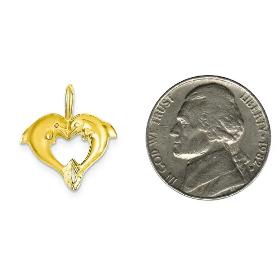 14K Yellow Gold Dolphin Heart Pendant Jewelry Charm 23mm x 20mm {2}