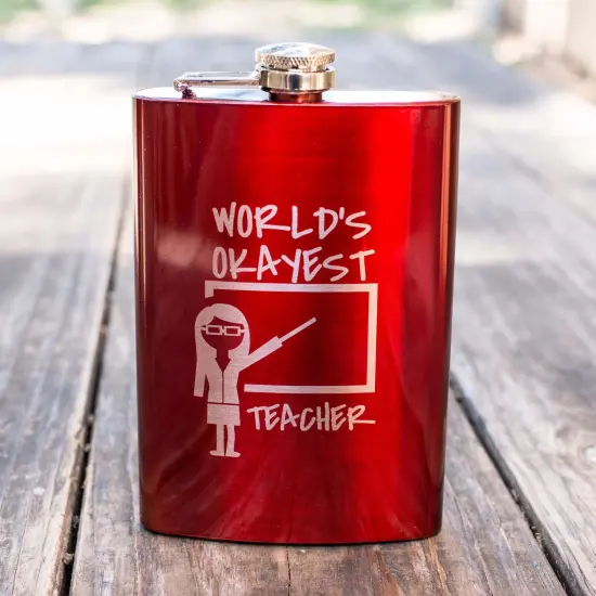 8oz RED World's Okayest Teacher Flask {2}