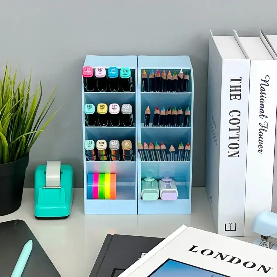 Wrapables Pen Organizer with 4 Compartments Desk Storage Organizer for Home, Office, Work Large (2pcs) / Blue {4}