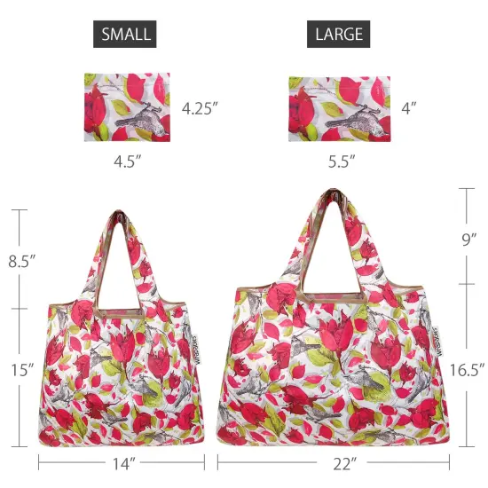 Wrapables Large & Small Foldable Tote Nylon Reusable Grocery Bags, Set of 2 Red Floral Gray Bird {2}