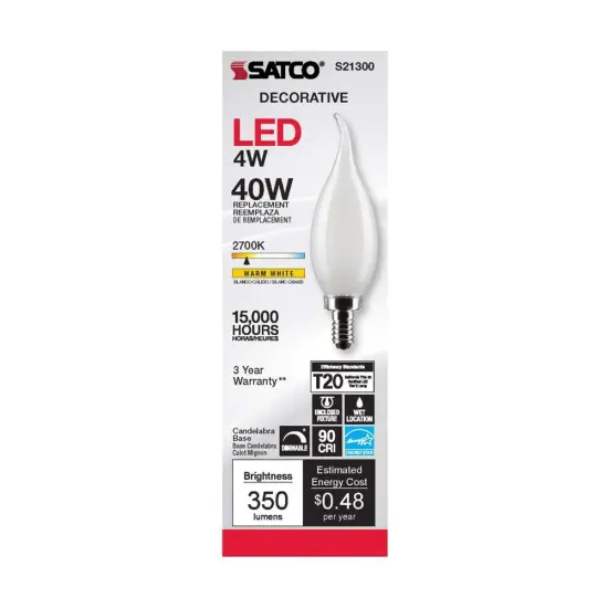 6Pk - Satco 4w CA10 LED 2700K Candelabra Base Frosted Dimmable - 40w equiv Warm White {4}