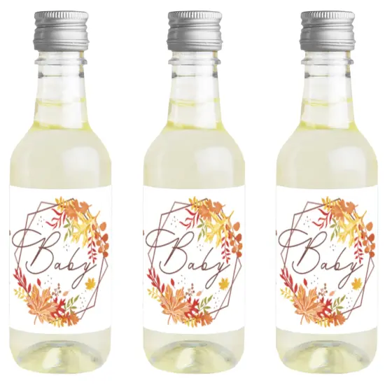 Big Dot of Happiness Fall Foliage Baby - Mini Wine and Champagne Bottle Label Stickers - Autumn Leaves Baby Shower Favor Gift - Set of 16 {1}